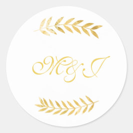 Monogram Bröllop Warm Golden Lövs Runt Klistermärke