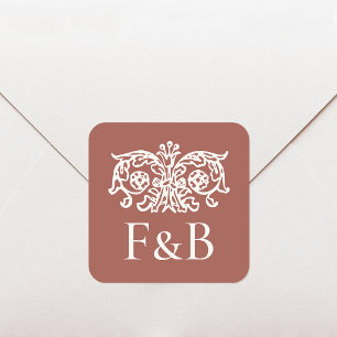 Monogram Bröllops Ornament Floral Terrakotta Fyrkantigt Klistermärke
