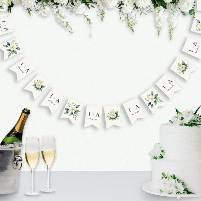 Monogram Bröllopsdatum Akvarell Blommig Anpassad Vimplar (Elegant wedding bunting, with white florals and couple's initials and wedding date)