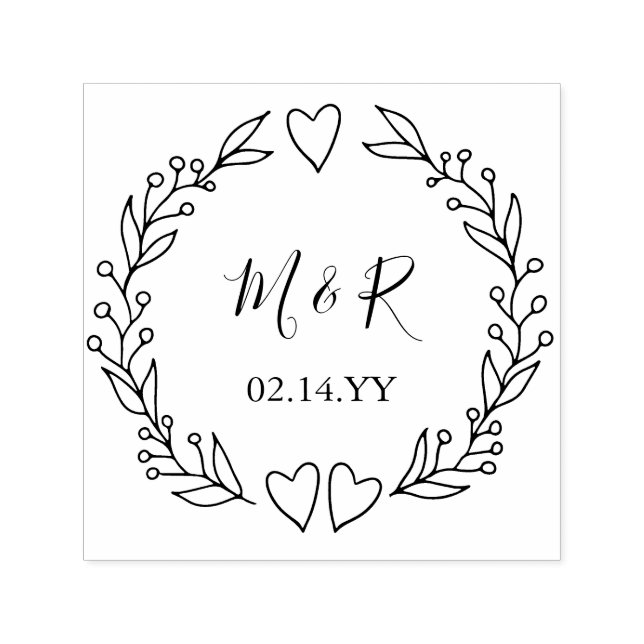 Monogram Bröllopsdatum Doodle Botanisk Krans  Självfärgande Stämpel (Design)