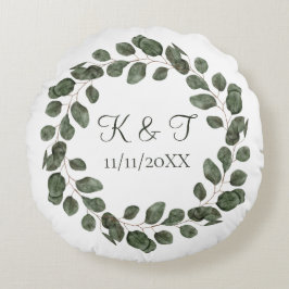 Monogram bröllopsdatum Eukalyptusblad Elegant Rund Kudde