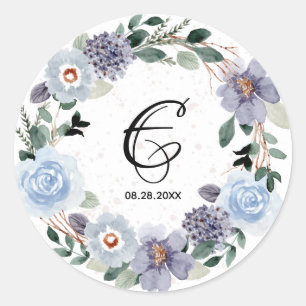 Monogram Bröllopsdatum Lila Blommig Krans Runt Klistermärke