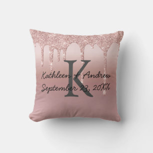 Monogram bröllopsdatum Rose Gold Dropp Glitter Tre Kudde