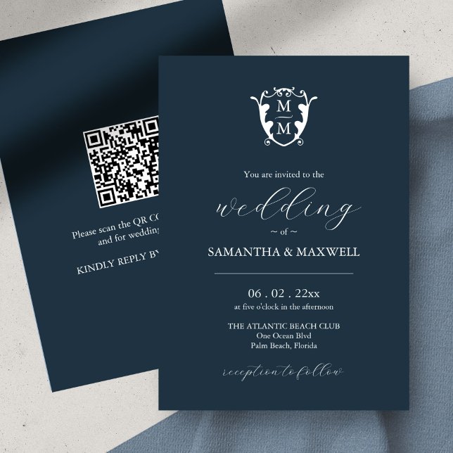 Monogram bröllopsinbjudan med QR-kod Blue Inbjudningar (custom monogram wedding invitation QR code navy blue)