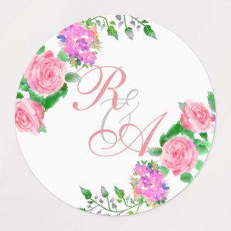 Monogram bröllopsinbjudan med rosa rosettband klistermärke