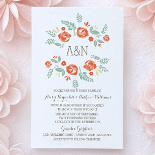 Monogram bröllopsinbjudan till Blommigten orange L Inbjudningar