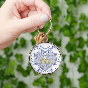 Monogram bröllopslöfte hjärta rund silverfärgad nyckelring