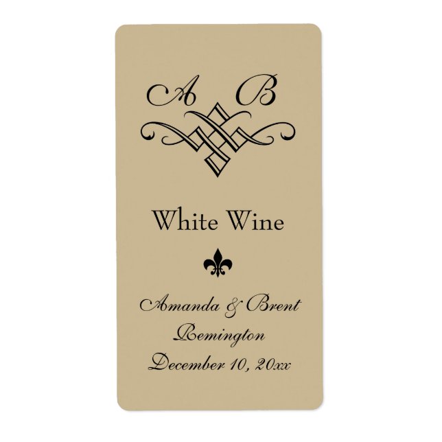 Monogram bröllopsvinetikett (beige) fraktsedel (Framsidan)