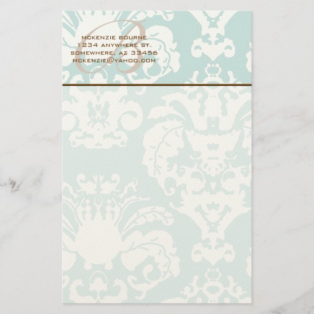 Monogram Brown & Aqua Blue Stationery Brevpapper (Framsida)