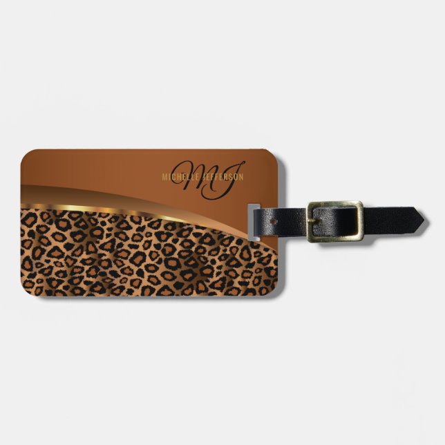 Monogram Brown, Black och Guld Leopard Bagagebricka (Horisontell Framsida)