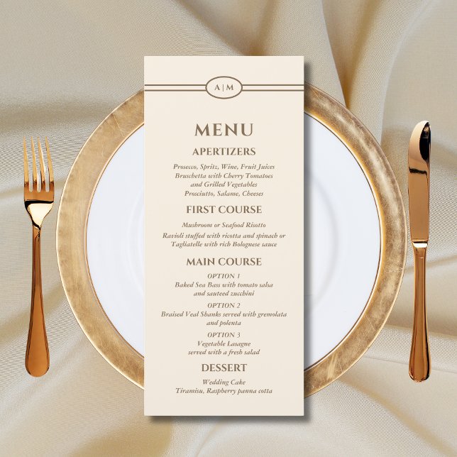 Monogram Brown Cream Christian Wedding Menu Meny (Skapare uppladdad)