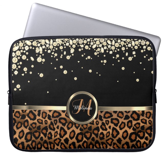 Monogram Brown och Black Leopard med Guld Diamond Laptop Fodral (Framsidan)