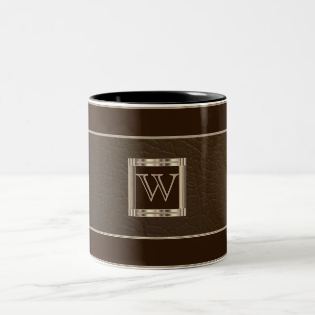 Monogram Brown och Guld på Faux Leather Två-Tonad Mugg (Center)