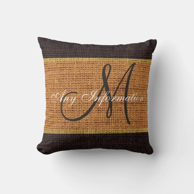 Monogram Brown Rustic Burlap Jute Kudde (Framsida)