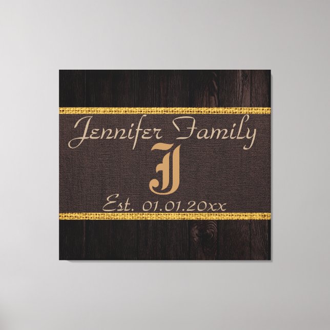 Monogram Brown Rustic Burlap Linen Wood-utseende Canvastryck (Framsida)