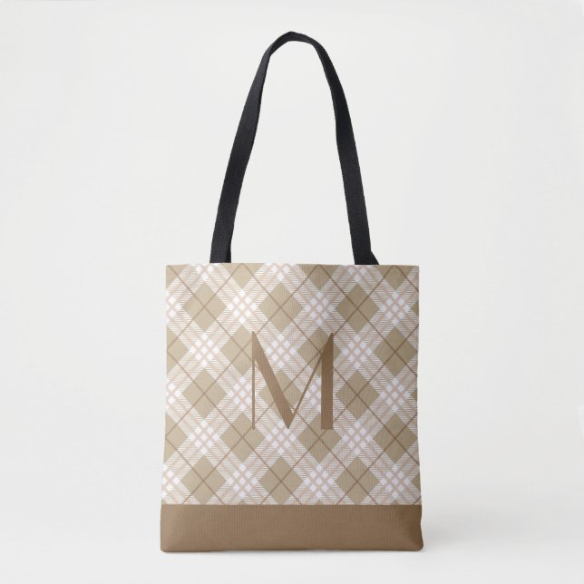 Monogram Brown Tan Beige Tartan Buffalo Play Tygkasse (Framsida)