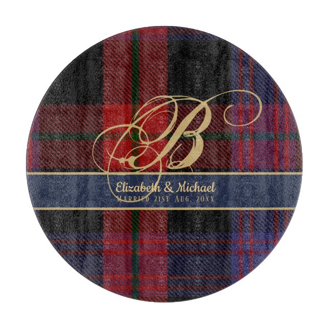 Monogram BROWN Tartan Blue Red Newlyweds Bröllop (Framsidan)