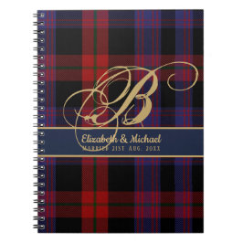 Monogram BROWN Tartan Blue Red Newlyweds Bröllop Anteckningsbok