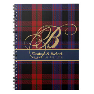 Monogram BROWN Tartan Blue Red Newlyweds Bröllop Anteckningsbok