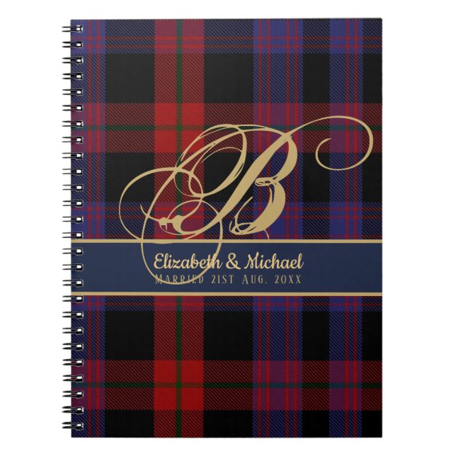 Monogram BROWN Tartan Blue Red Newlyweds Bröllop Anteckningsbok (Framsidan)