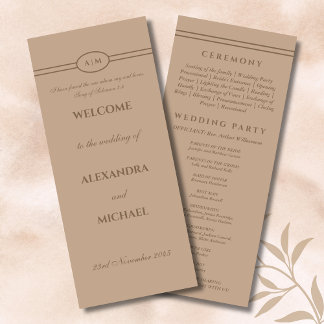 Monogram Brun Beige Kristet Bröllopsprogram Program