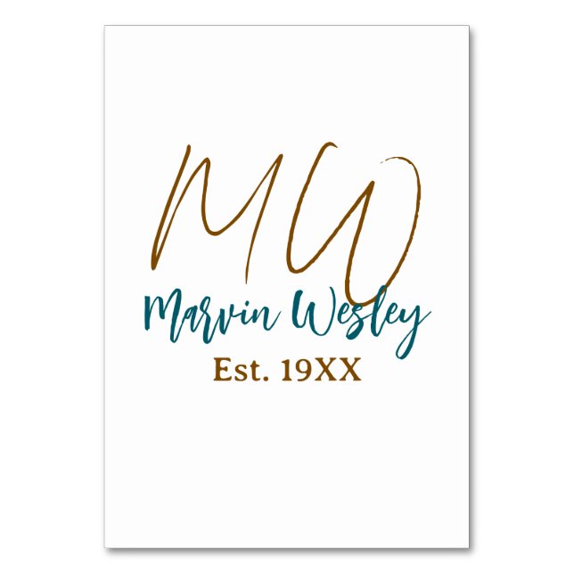 Monogram brun blå turkos est.år enkel mini bordsnummer (Framsidan)