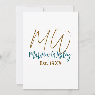 Monogram brun blå turkos est.år enkel mini inbjudningar