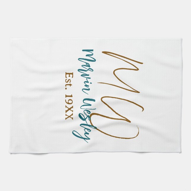 Monogram brun blå turkos est.år enkel mini kökshandduk (Horisontell)