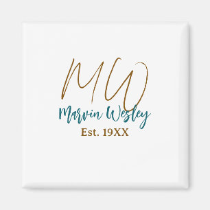 Monogram brun blå turkos est.år enkel mini magnet