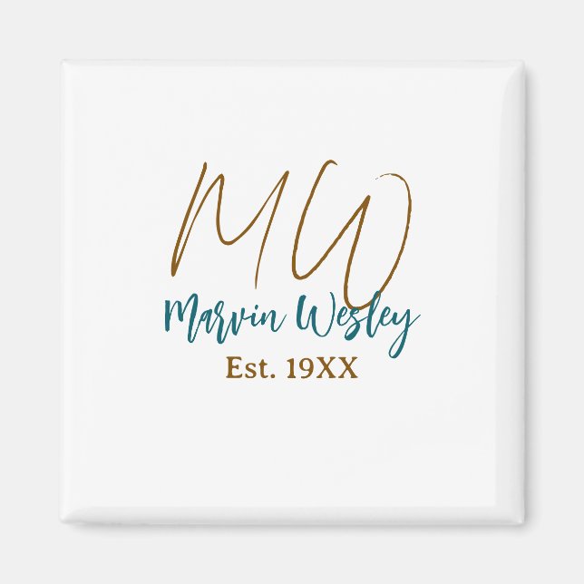 Monogram brun blå turkos est.år enkel mini magnet (Framsidan)