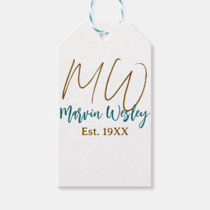 Monogram brun blå turkos est.år enkel mini presentetikett