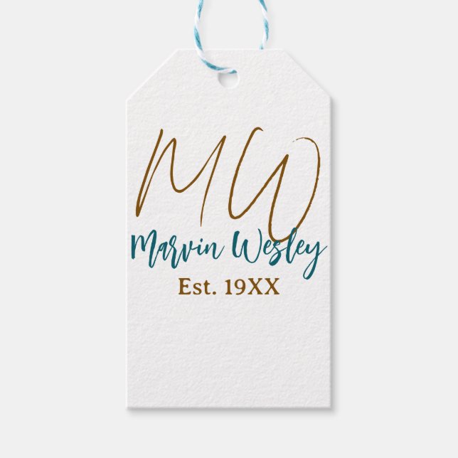 Monogram brun blå turkos est.år enkel mini presentetikett (Framsidan)