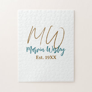 Monogram brun blå turkos est.år enkel mini pussel