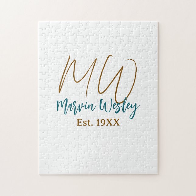 Monogram brun blå turkos est.år enkel mini pussel (Vertikal)