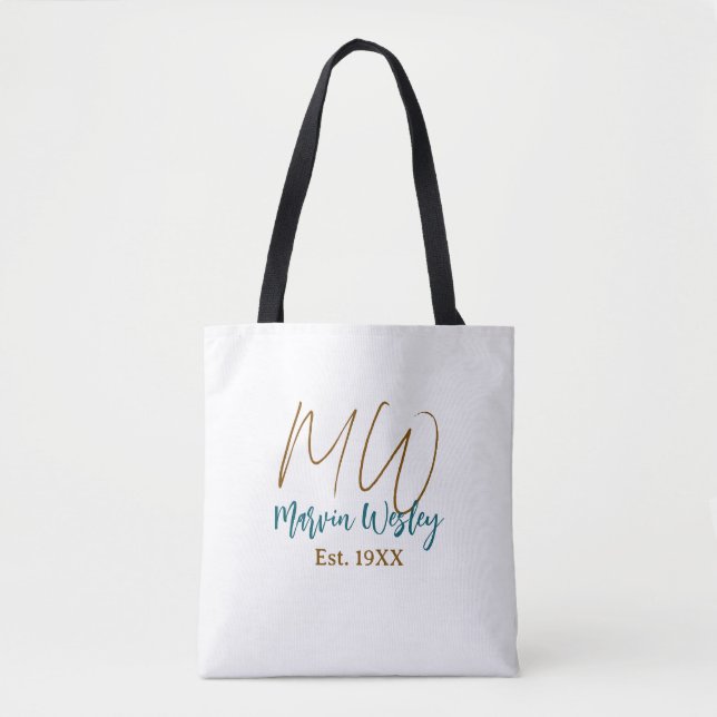 Monogram brun blå turkos est.år enkel mini tygkasse (Framsida)