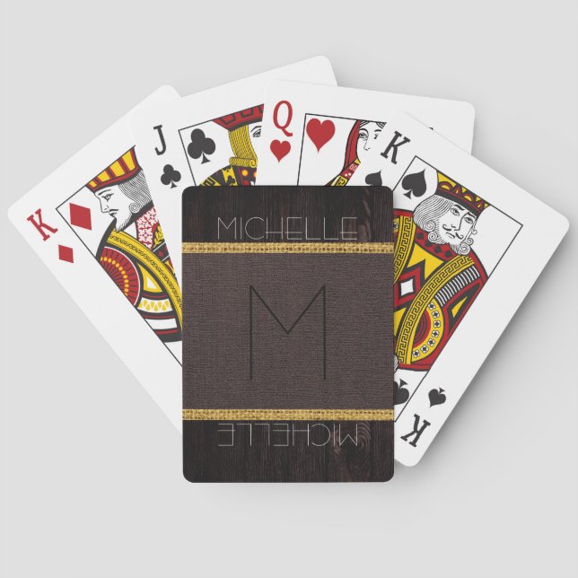 Monogram Brun Rustik Jute Trä Utseende Spel Kort (Baksidan)
