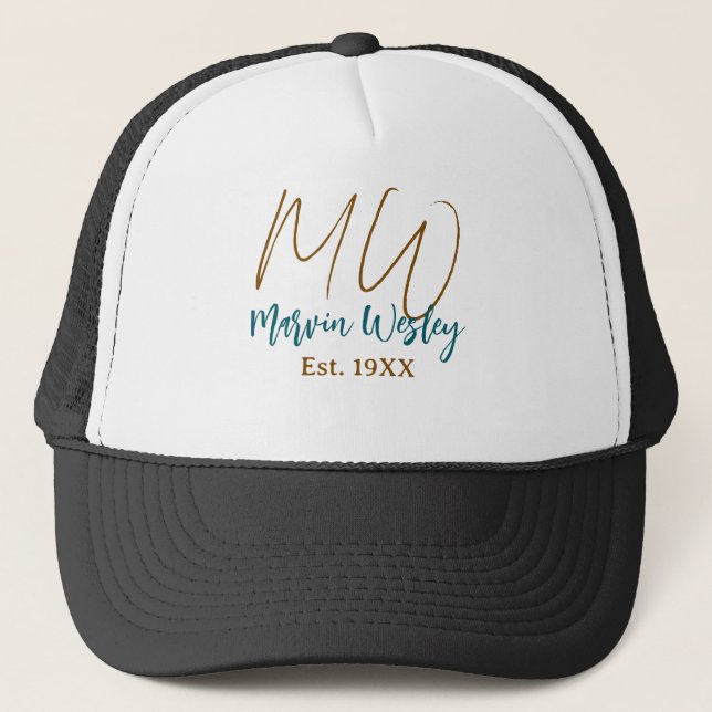 Monogram brunblå turkos est.år enkel mini keps (Framsida)