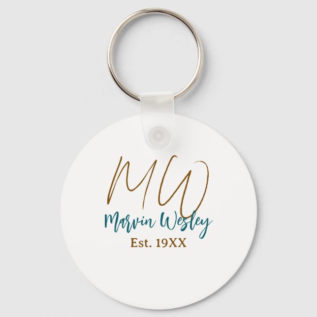 Monogram brunblå turkos est.år enkel mini nyckelring (Framsida)