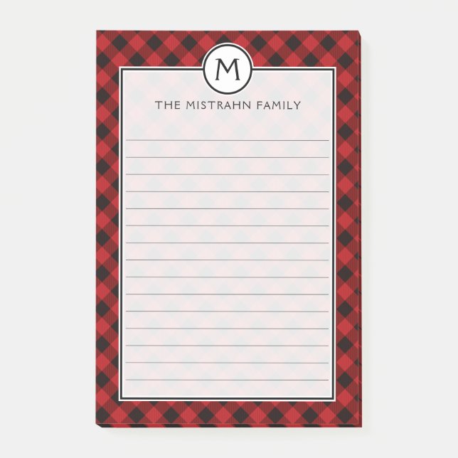 Monogram Buffalo Plaid Red and Black jul Post-it Block (Framsida)