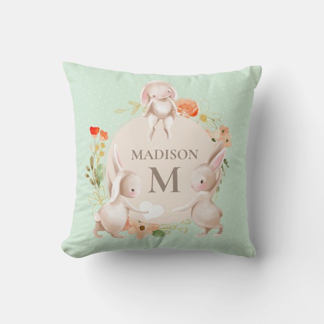 Monogram Bunny Rabbits Blommigt Baby Personlig Kudde (Framsida)