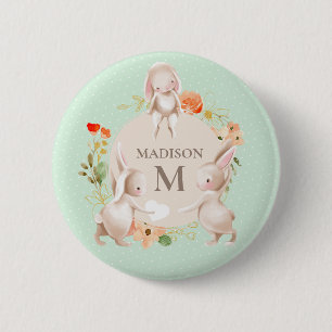 Monogram Bunny Rabbits Blommigt Girly Personlig Knapp