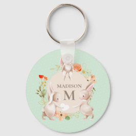 Monogram Bunny Rabbits Blommigt Girly Personlig Nyckelring