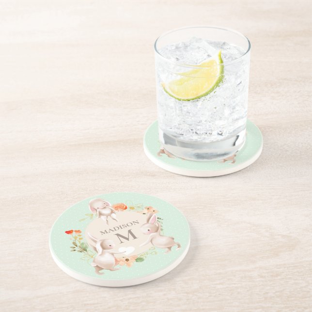 Monogram Bunny Rabbits Blommigt Girly Personlig Underlägg (Sidan)