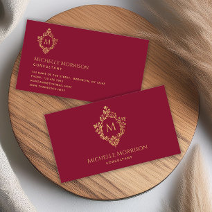 Monogram Burgunder Guld Initial i Vintage Crest Visitkort