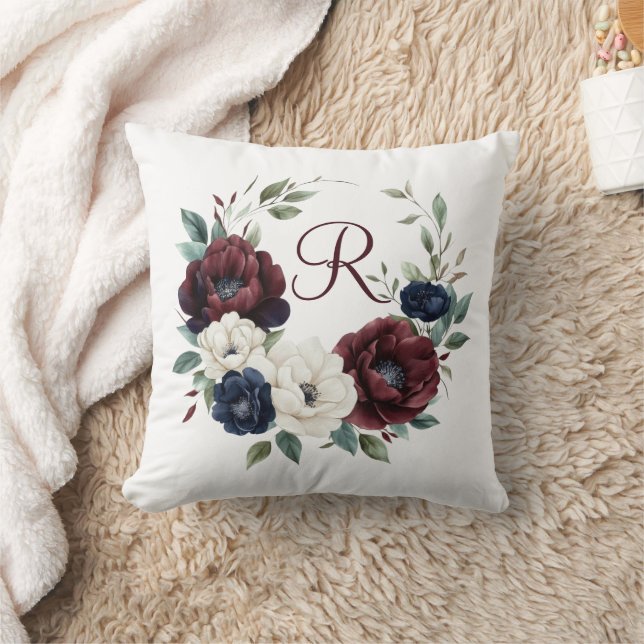 Monogram Burgunder Marinblå Vit Blommig Kudde (Filt)