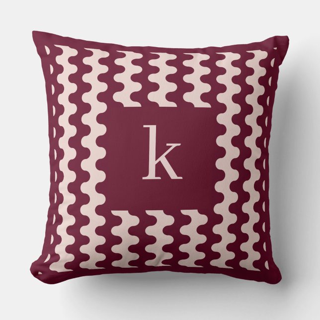 Monogram Burgunder Rosa Djärvt Vågigt Mönster Kudde (Skapare uppladdad)