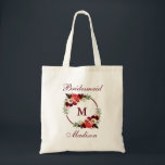 Monogram Burgundy Blommigt andedräkt Tygkasse<br><div class="desc">Watercolor Burgundy Marsala Blommigt Wandeandemonogram Bridesmaid Tote Bag</div>
