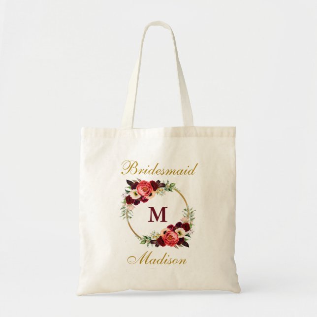 Monogram Burgundy Blommigt Guld Bridesmaid Tygkasse (Framsidan)