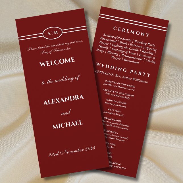 Monogram Burgundy Christian Wedding Program (Skapare uppladdad)