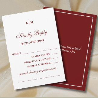 Monogram Burgundy Christian Wedding RSVP Card OSA Kort